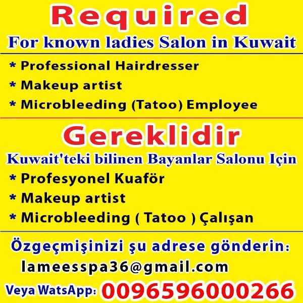 Required For Known Ladies Salon In Kuwait: •Professional Hairdresser
