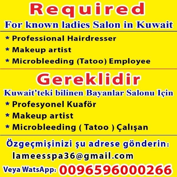 Required For Known Ladies Salon In Kuwait: •Professional Hairdresser